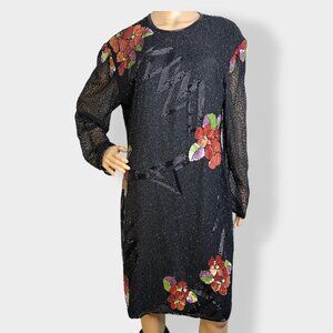 Vintage jasjas Black Beaded Floral‎ Dress